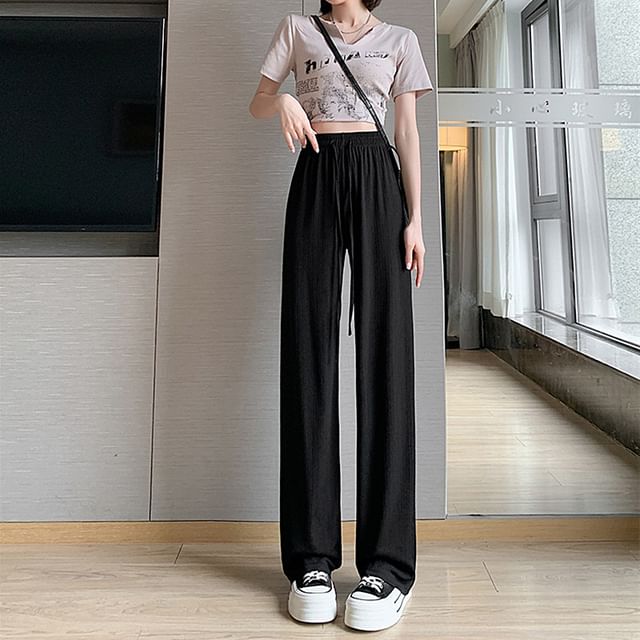 Dovitade-High Rise Plain Ribbed Wide Leg Pants