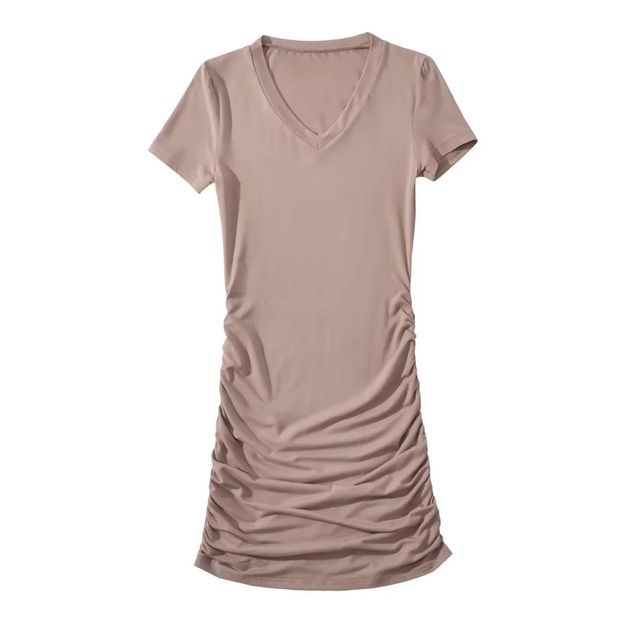Short Sleeve V-Neck Plain Side-Drawstring Mini Bodycon Dress