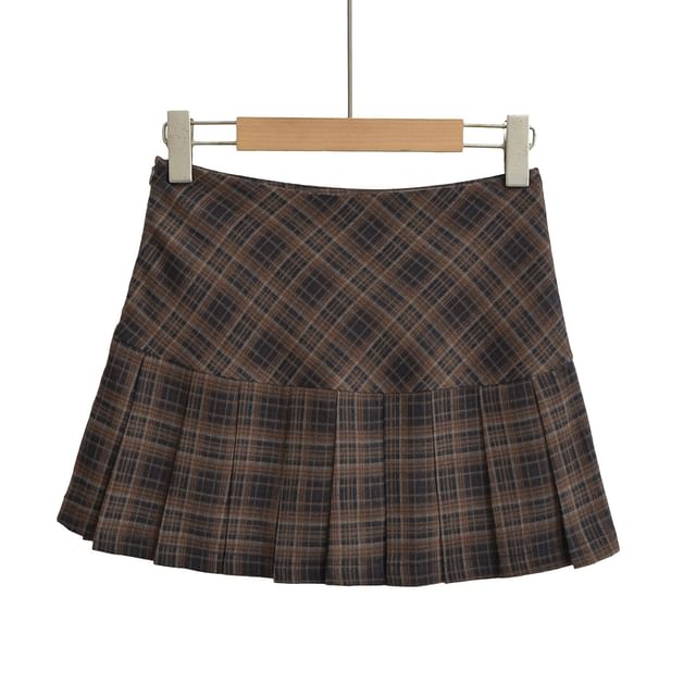 Asiris-High Waist Plaid Mini Pleated A-Line Skirt