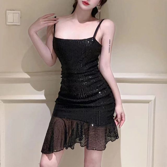 Yaniff - Spaghetti Strap Plain Sequin Asymmetrical Mini Mermaid Dress |  YesStyle