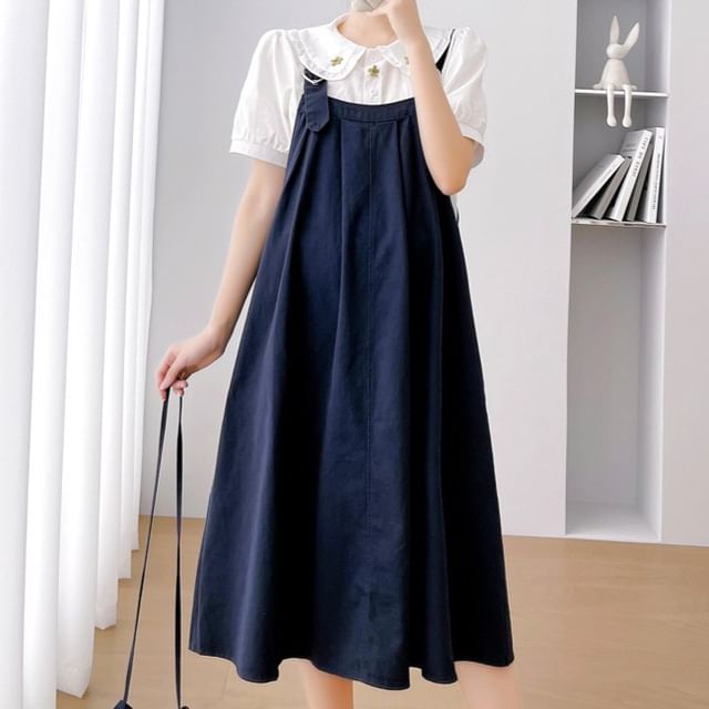 Rosy Street-Maternity Set Short-Sleeve Collared Plain Blouse Plain Midi Pinafore Dress