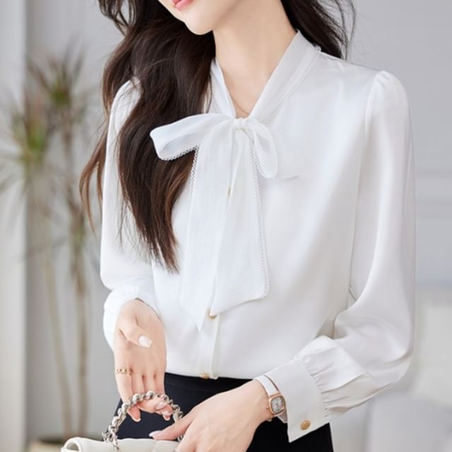 Dragan Pulse-Long-Sleeve Tie-Neck Plain Button-Up Blouse