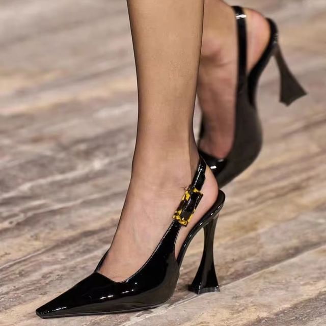 Anran-Block Heel Patent Slingback Pointed Sandals