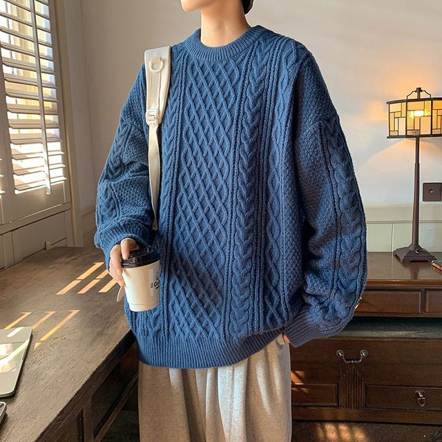 emeisa-Crew Neck Plain Cable Knit Sweater