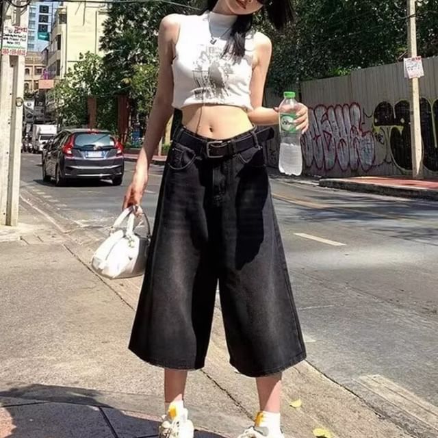 Wildfoea-Mid Waist Washed Wide Leg Jorts