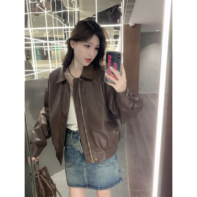 Miss Kekeli-Collar Plain Faux Leather Zip Jacket