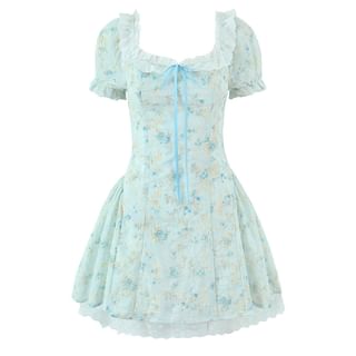 Starsavvy Puff-Sleeve Square Neck Floral Print Lace Trim Embroidered Mini A-Line Dress Sale
