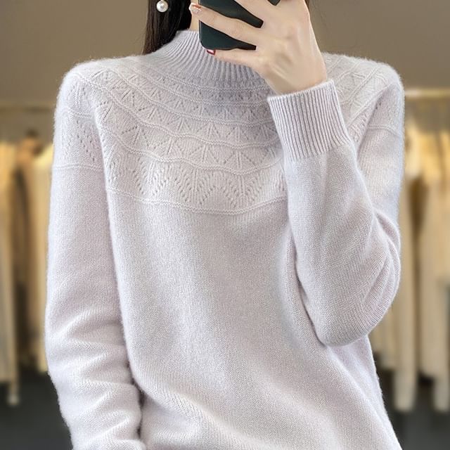 Weelop-Long-Sleeve Mock Neck Plain Knit Top