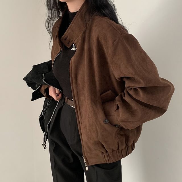 Tulstrix-Stand Collar Faux Suede Zip Jacket