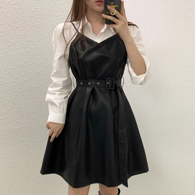 chinese dress ladies Black Faux Leather Spaghetti Strap Padded Bustier Cargo Mini Skirt Two Piece Set Large main image 0