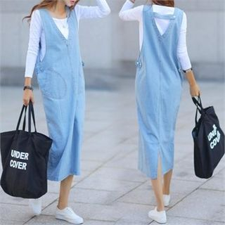 Deep-V-Neck Denim Pinafore Dress 