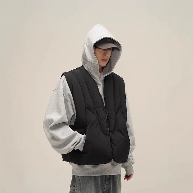 DuckleBeam-V-Neck Plain Zip Puffer Vest