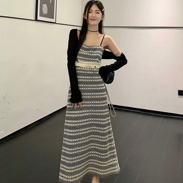 Spaghetti Strap Maxi Crochet Knit Dress / Plain Shrug Cardigan