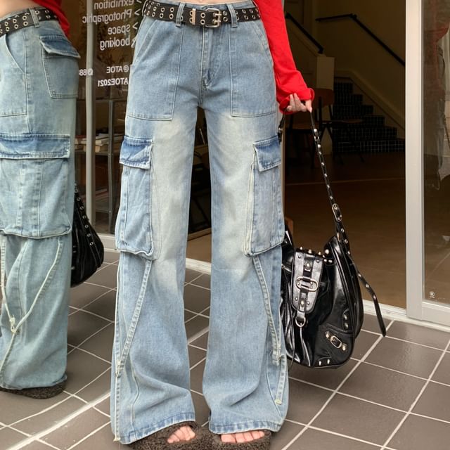 Beem-Mid Waist Washed Wide Leg Cargo Pants