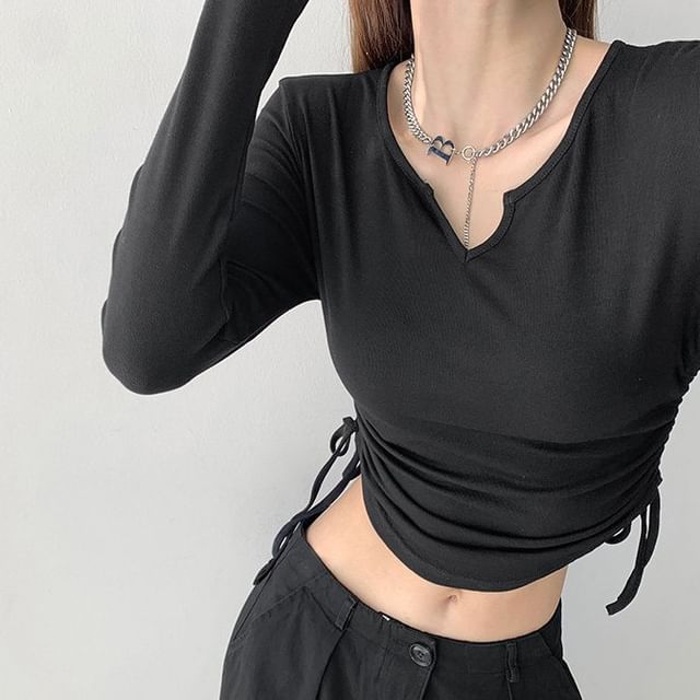 Hevnir-Long Sleeve Notch Neck Plain Drawstring Crop T-Shirt