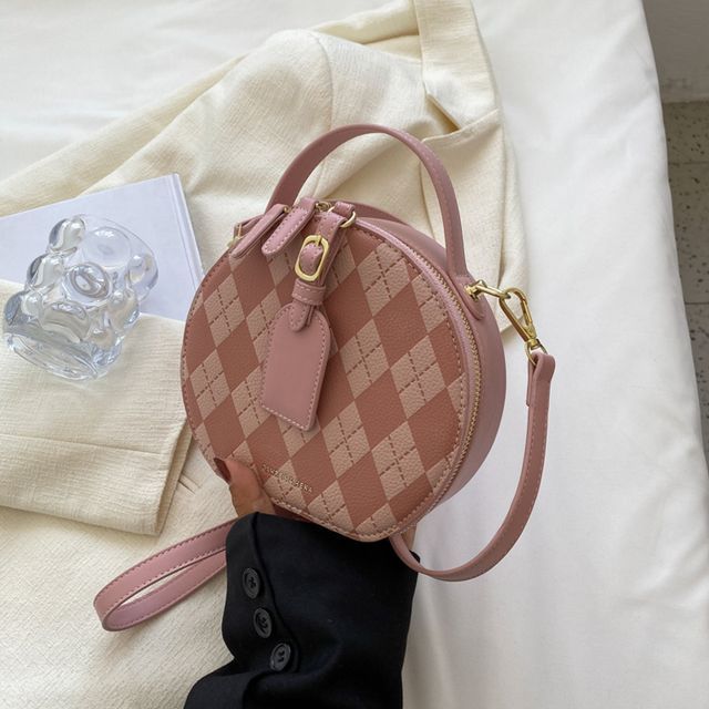 Kunado Argyle Print Top Handle Round Crossbody Bag YesStyle