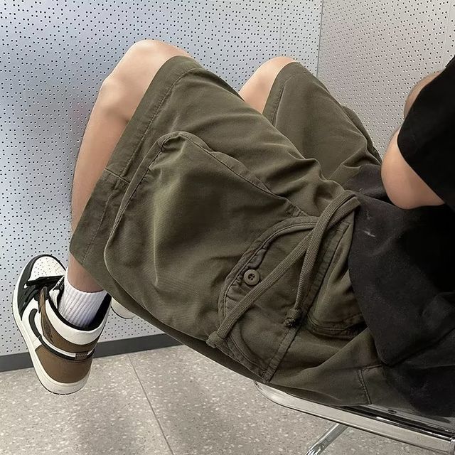 DuckleBeam-Drawstring Waist Plain Cargo Shorts