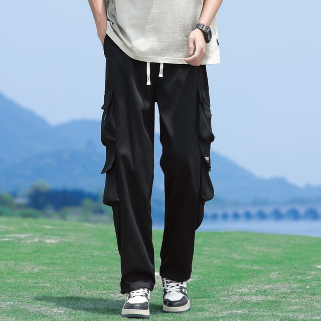 Hushgrain-High Waist Plain Wide Leg Cargo Pants