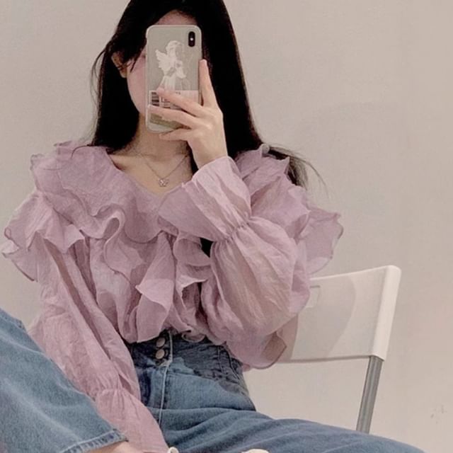 innomori-Long-Sleeve V-Neck Plain Ruffle Trim Blouse