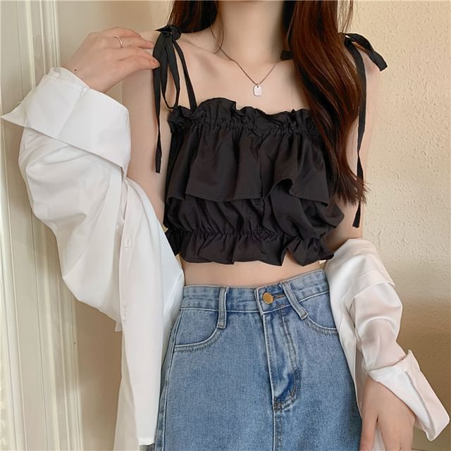 arimomo - Plain Ruffle Trim Tiered Flowy Crop Camisole Top