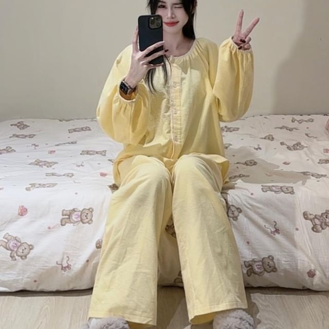 GOUB-Pajama Set Long-Sleeve Round Neck Plain Button Top Pants
