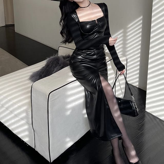 Smackthat - Long-Sleeve Plain Slit Faux Leather Panel Midi Sheath Dress |  YesStyle