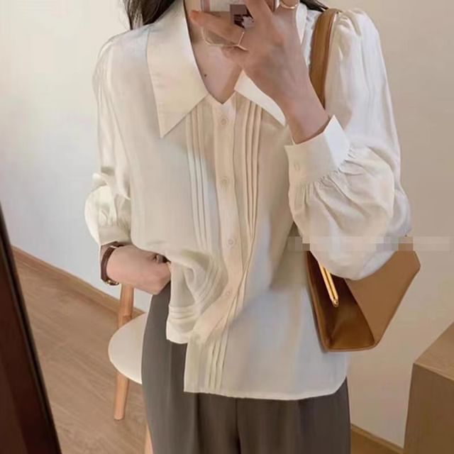 Everose-Long-Sleeve Collared Plain Pintuck Shirt