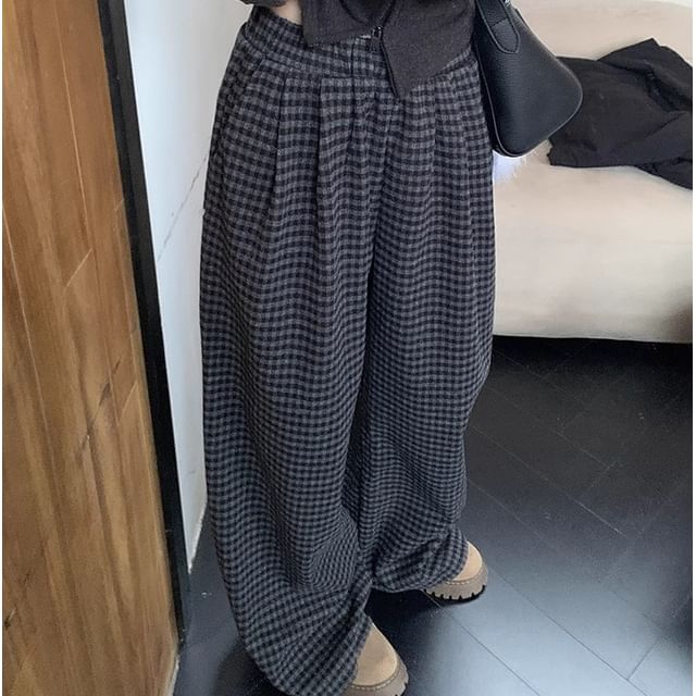 Trendycas-Elastic Waist Plaid Baggy Pants