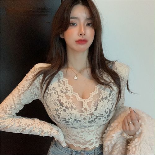 WOW!NITE - Long-Sleeve Square Neck Lace Crop Top