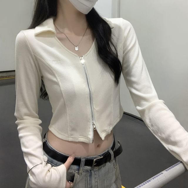 Keiko Girl-V-Neck Collared Plain Ribbed Zip-Up Crop Jacket