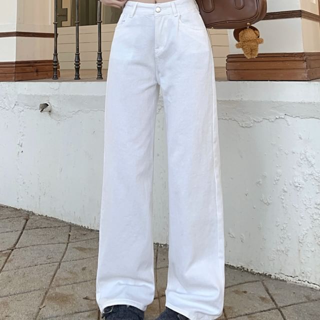 Beem-High Waist Plain Loose Fit Jeans