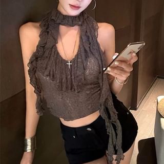 Essere-Plain Ruffle Asymmetrical Textured Cropped Halter Top
