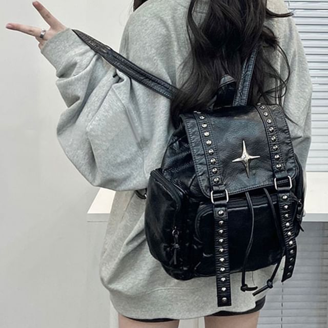 Basaran - Star Accent Studded Faux Leather Flap Backpack  display picture 2