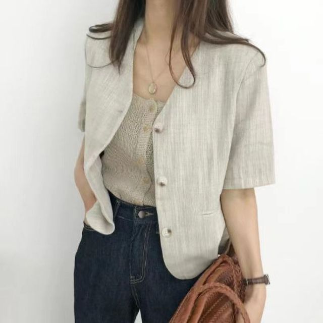 Everose-Short-Sleeve V-Neck Plain Button Jacket