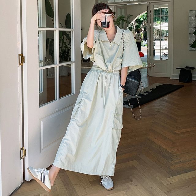 Tzarkozy-Set 34-Sleeve Collared Plain Drawstring Hem Zip-Up Crop Jacket High Waist Slit Maxi A-Line Cargo Skirt