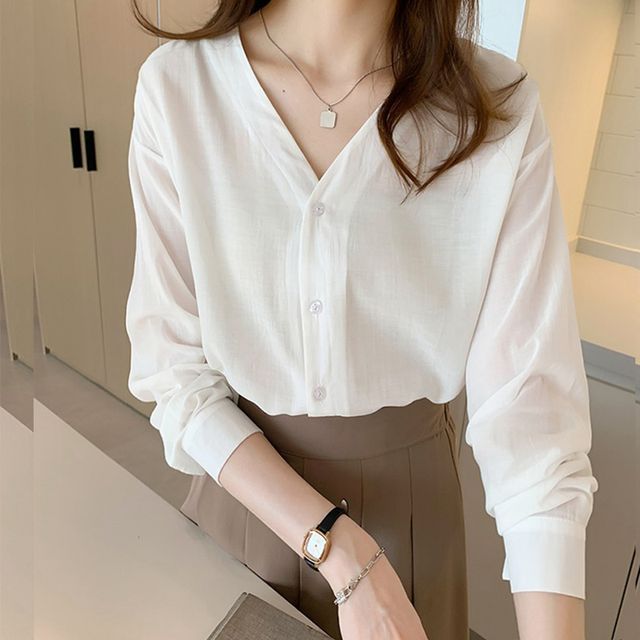 Everose-Long-Sleeve V-Neck Plain Button-Up Blouse
