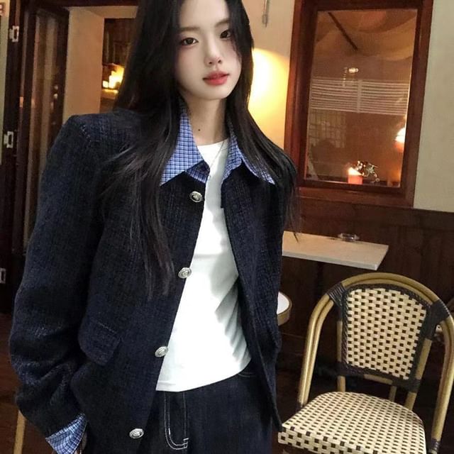 Jeonseon-Collared Plaid Panel Cropped Button Jacket