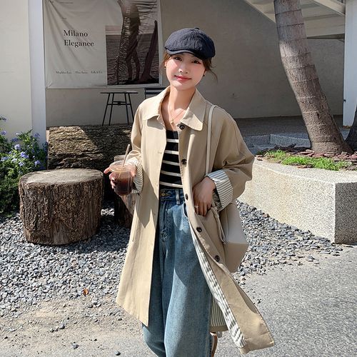 Long-Sleeve Single Breasted Plain Trench Coat