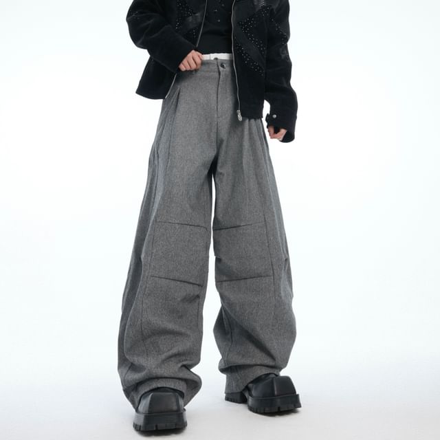 kooklay-Mid Rise Mock Two Piece Panel Wide Leg Pants