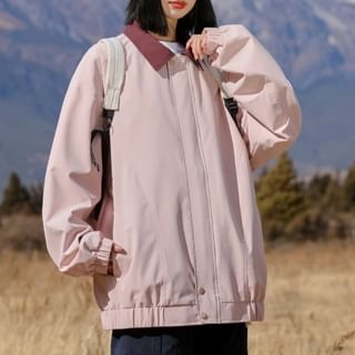 Samso-Contrast Collar Zip-Up Jacket