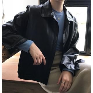 Gilmort-Faux Leather Collared Zip-Up Jacket
