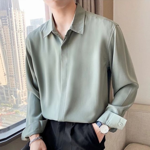 Nightbell-Long-Sleeve Plain Button-Up Shirt
