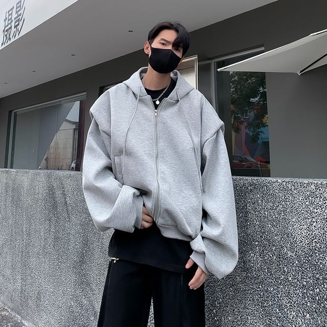 Diphon-Drop Shoulder Plain Zip Up Hoodie