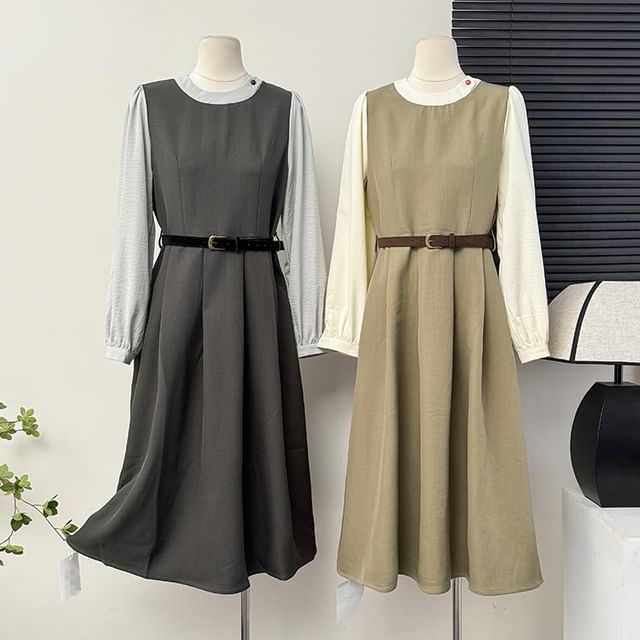 Lemongrass-Colorblock Mock Two-Piece Midi Dress