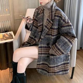 ISSOL-Notch Lapel Plaid Tweed Double-Breasted Coat
