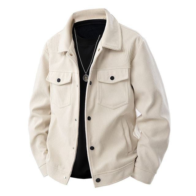 Ninine-Collar Plain Corduroy Button Utility Jacket