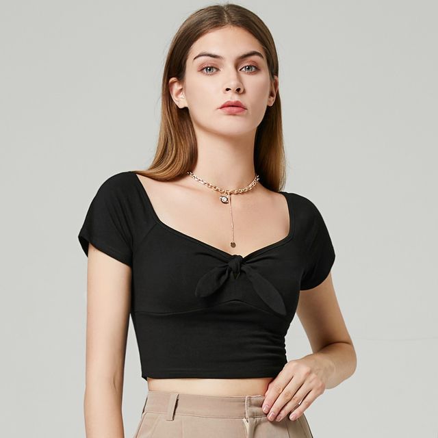 YS by YesStyle - Eco-Friendly Short-Sleeve Bow Crop Top