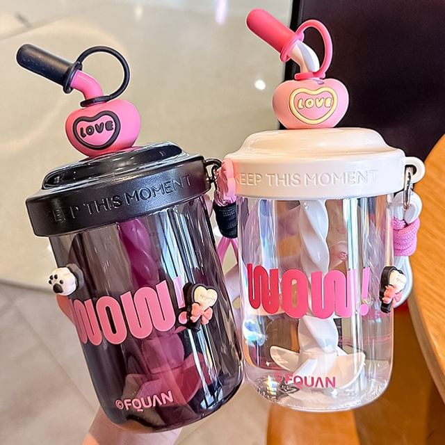Choyce-Heart Lettering Plastic Drinking Bottle with Straw Cartoon Adhesive Decoration Sticker Cleaning Brush Set