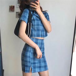 CaraMelody - Short-Sleeve Plaid Shirt / Plaid Mini Skirt CaraMelody - Short-Sleeve Plaid Shirt / Plaid Mini Skirt
