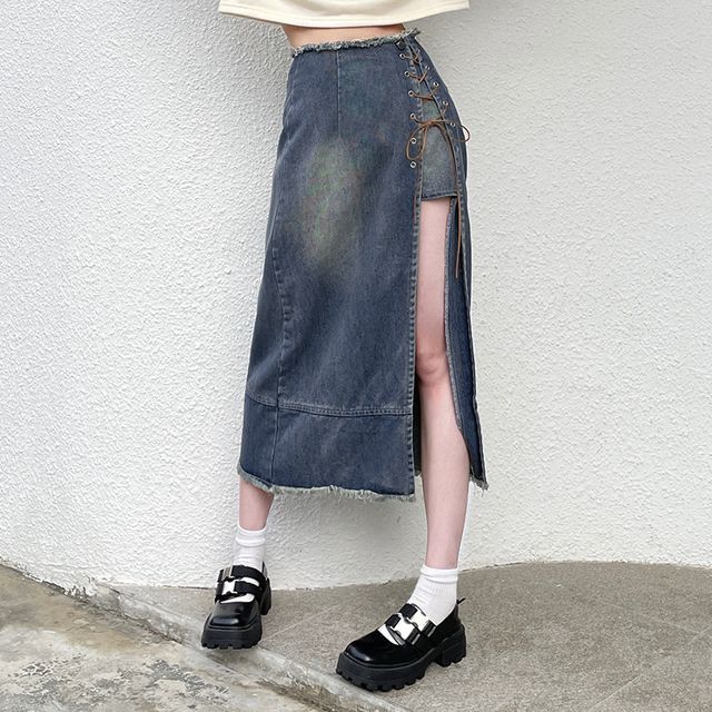 Cincine - High Waist Lace-Up Slit Denim Midi Pencil Skirt | YesStyle